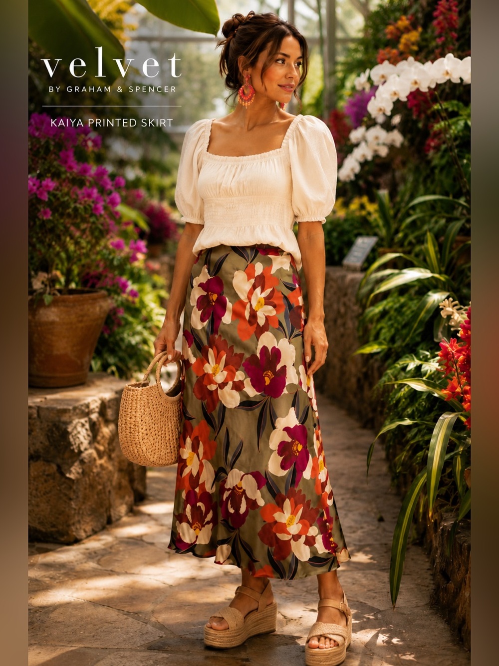 Velvet By Graham Spencer Kaiya Floral Midi Skirt Large Hydrangea 100% Viscose